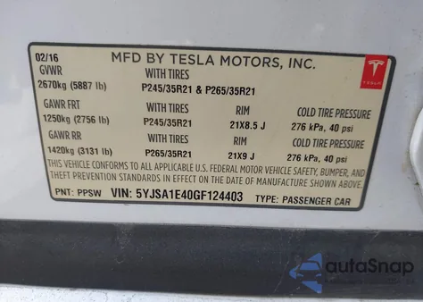 2016 Tesla Model S 90D/P100D/P85D/P90D from USA, damaged, VIN 5YJSA1E40GF124403